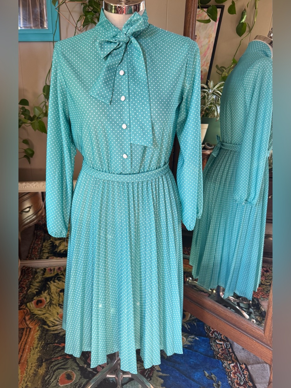 Vintage Teal Polka Dot Long-Sleeve Tie-Neck Midi Dress, size 14